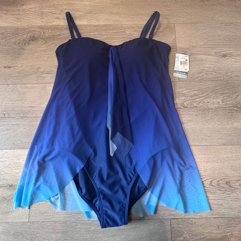 Island Waves Womens Blue Ombre Mesh Tie Front Swim Dress Size Small S NWT